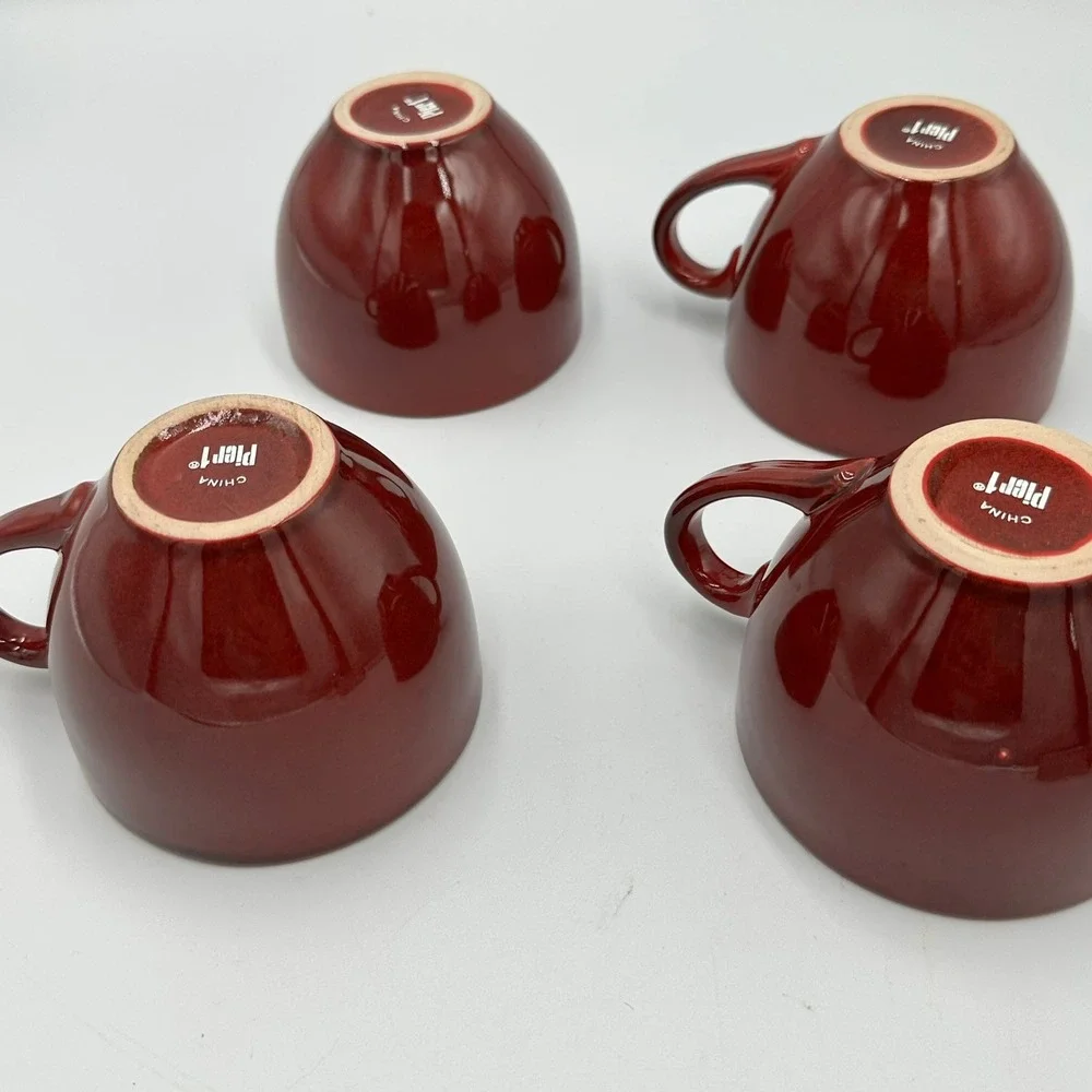 Pier 1 Coffee Mugs Set of 4 Brown‎ 12oz Glossy Stoneware Round Tea Cups Tote N